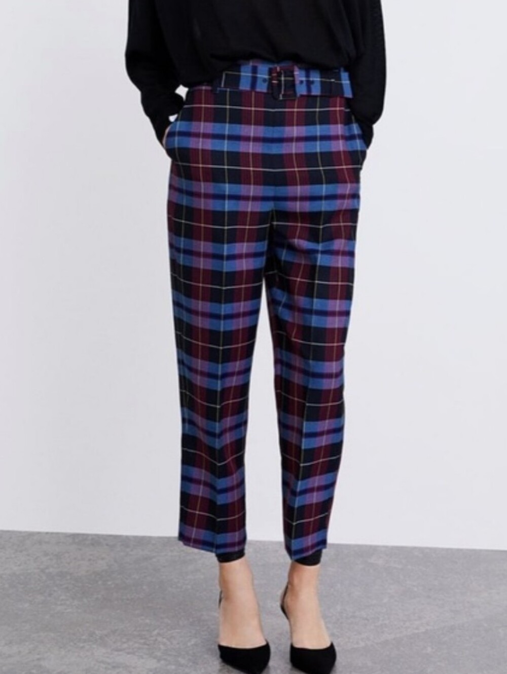 Zara High Waisted Plaid Belted Trousers Pants Medium